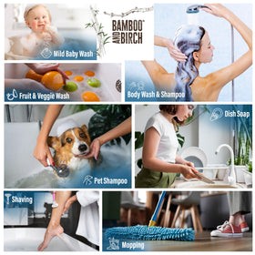 BAMBOO AND BIRCH dispensed on hand showing gentle lather and skin-safe benefit