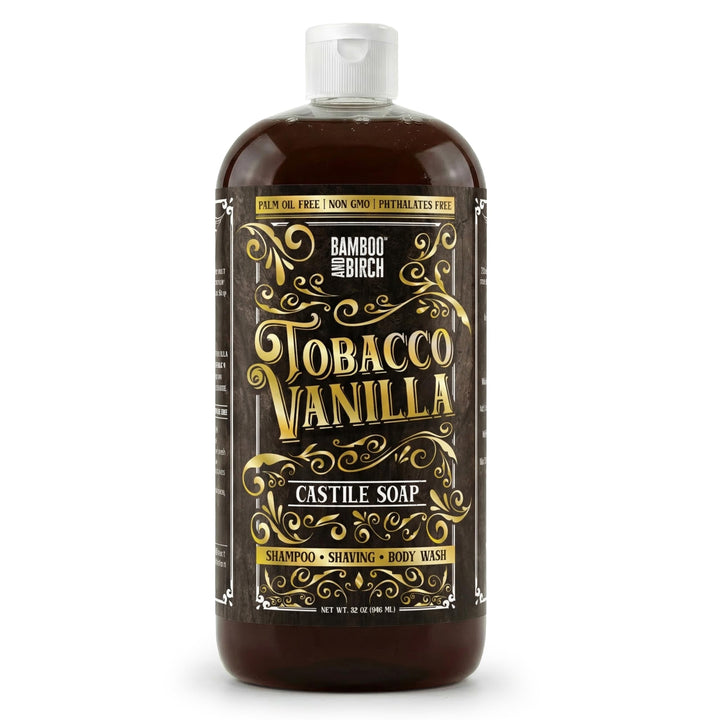 BAMBOO AND BIRCH front bottle showing tobacco vanilla scent and clean packaging benefit