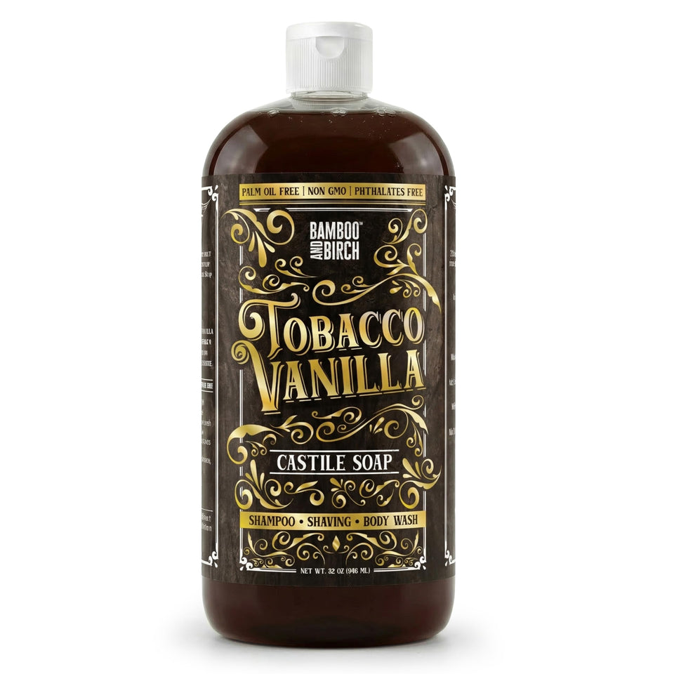 BAMBOO AND BIRCH front bottle showing tobacco vanilla scent and clean packaging benefit