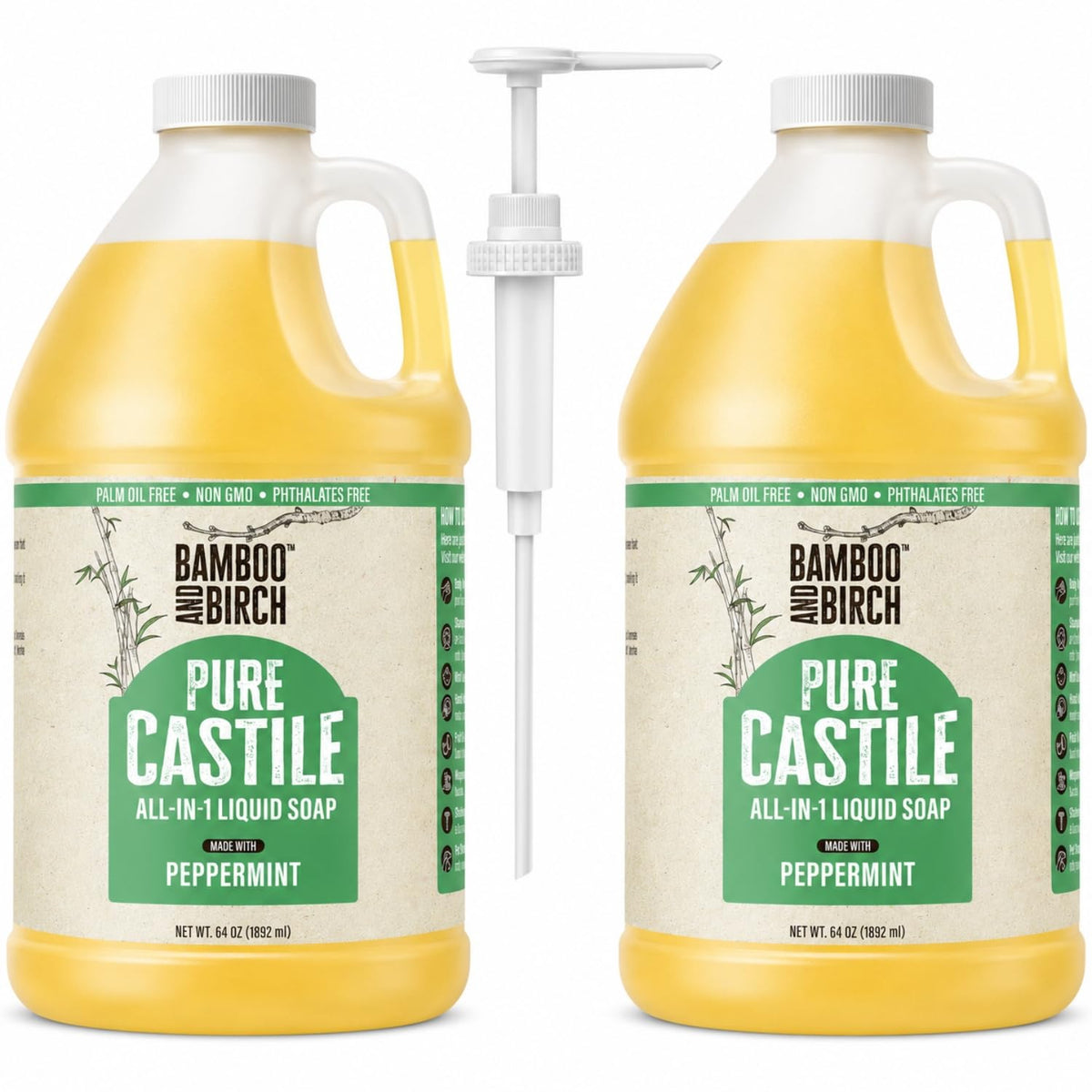 BAMBOO AND BIRCH front gallon bottle showing product and value