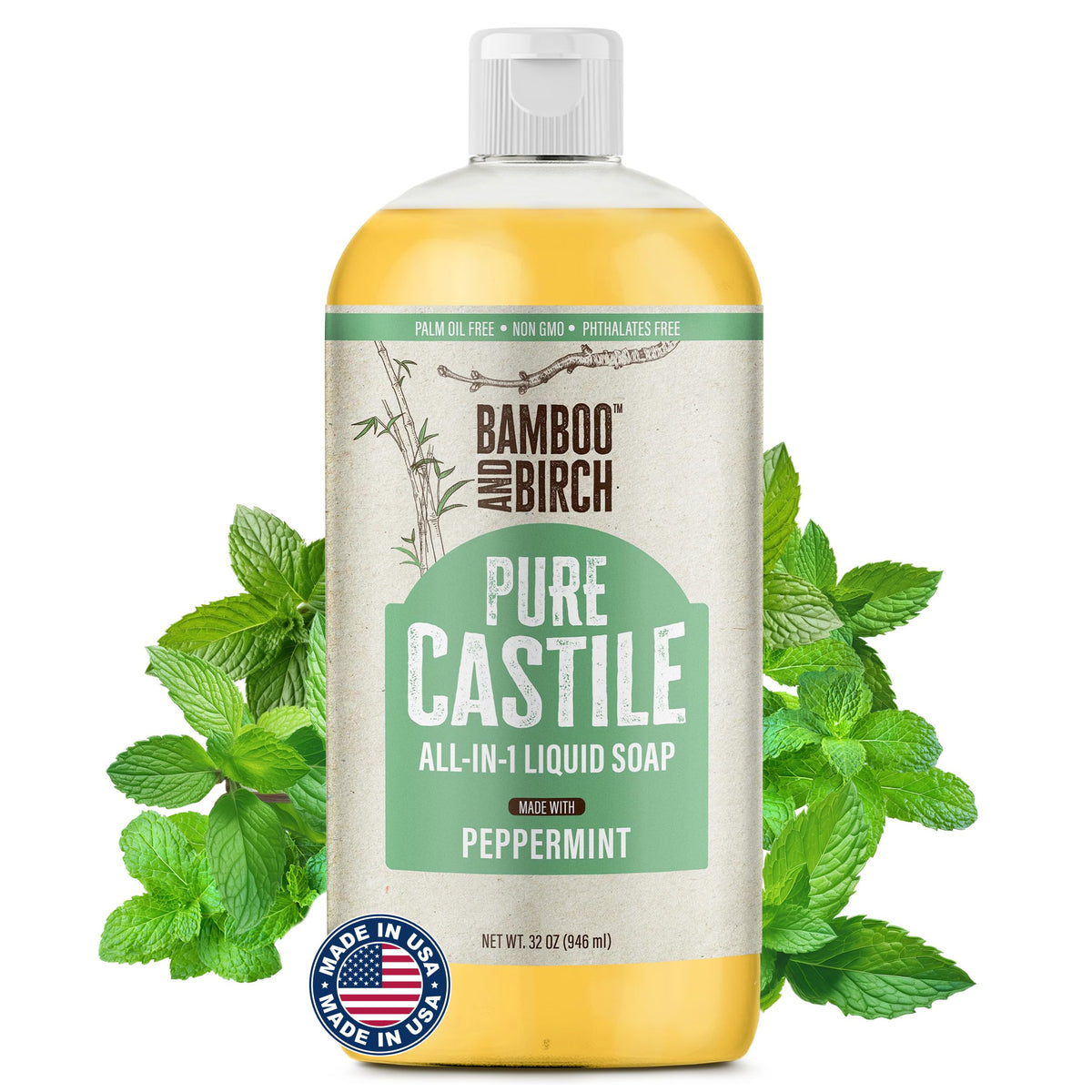 BAMBOO AND BIRCH front label 32oz showing product benefits and scent