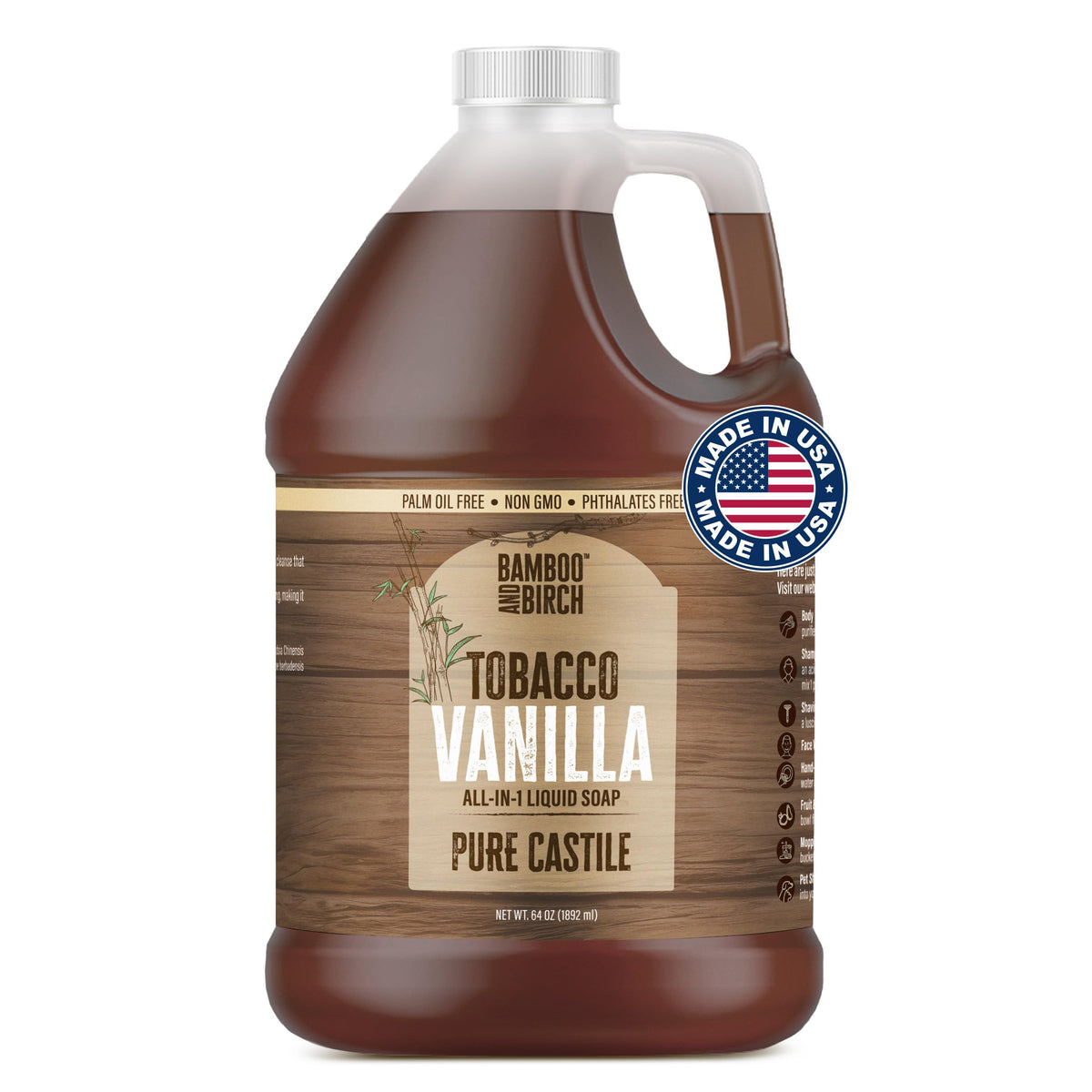 Bamboo and Birch front packaging tobacco vanilla 64 oz, shows large eco-friendly refill