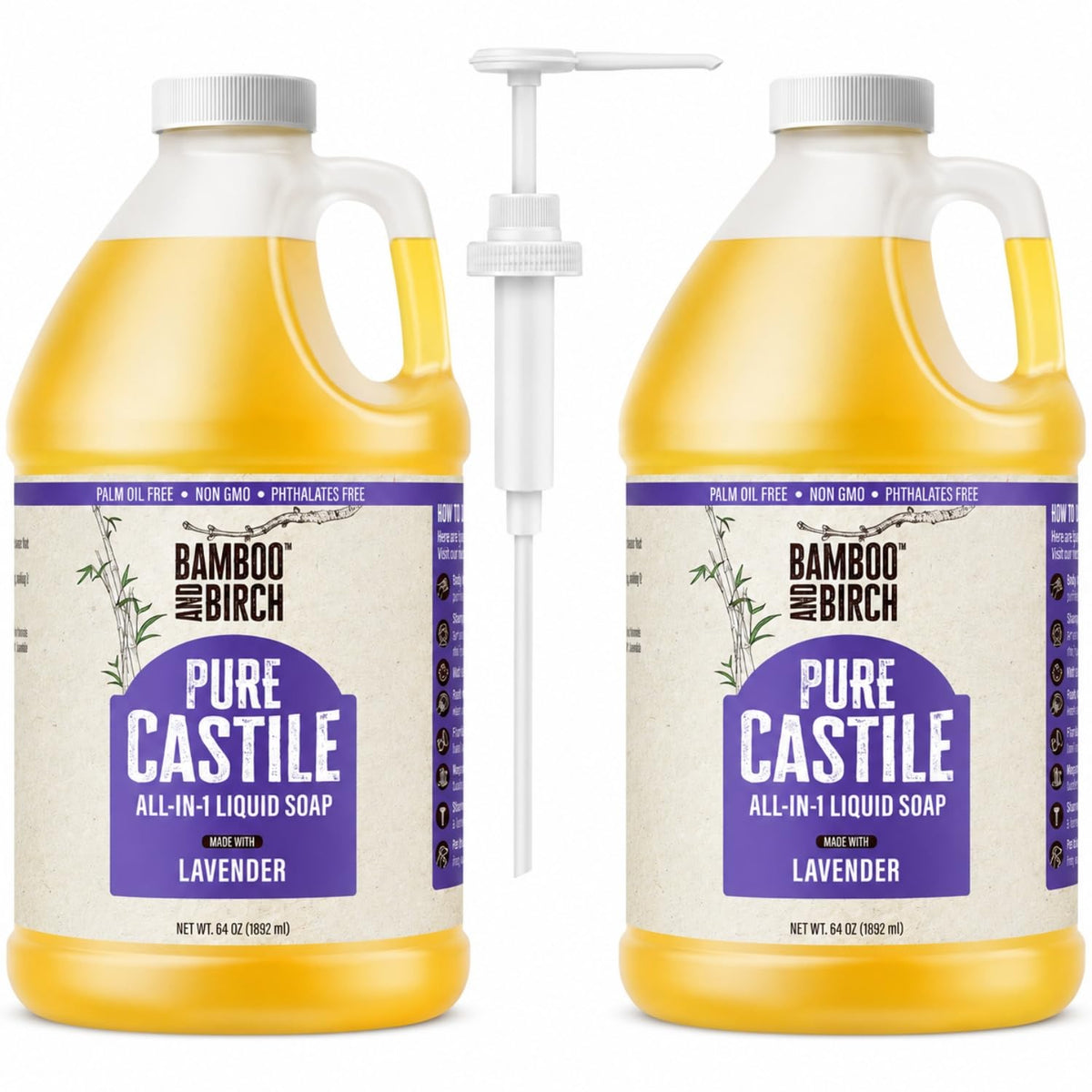 BAMBOO AND BIRCH gallon bottle front label showing product and lavender benefit