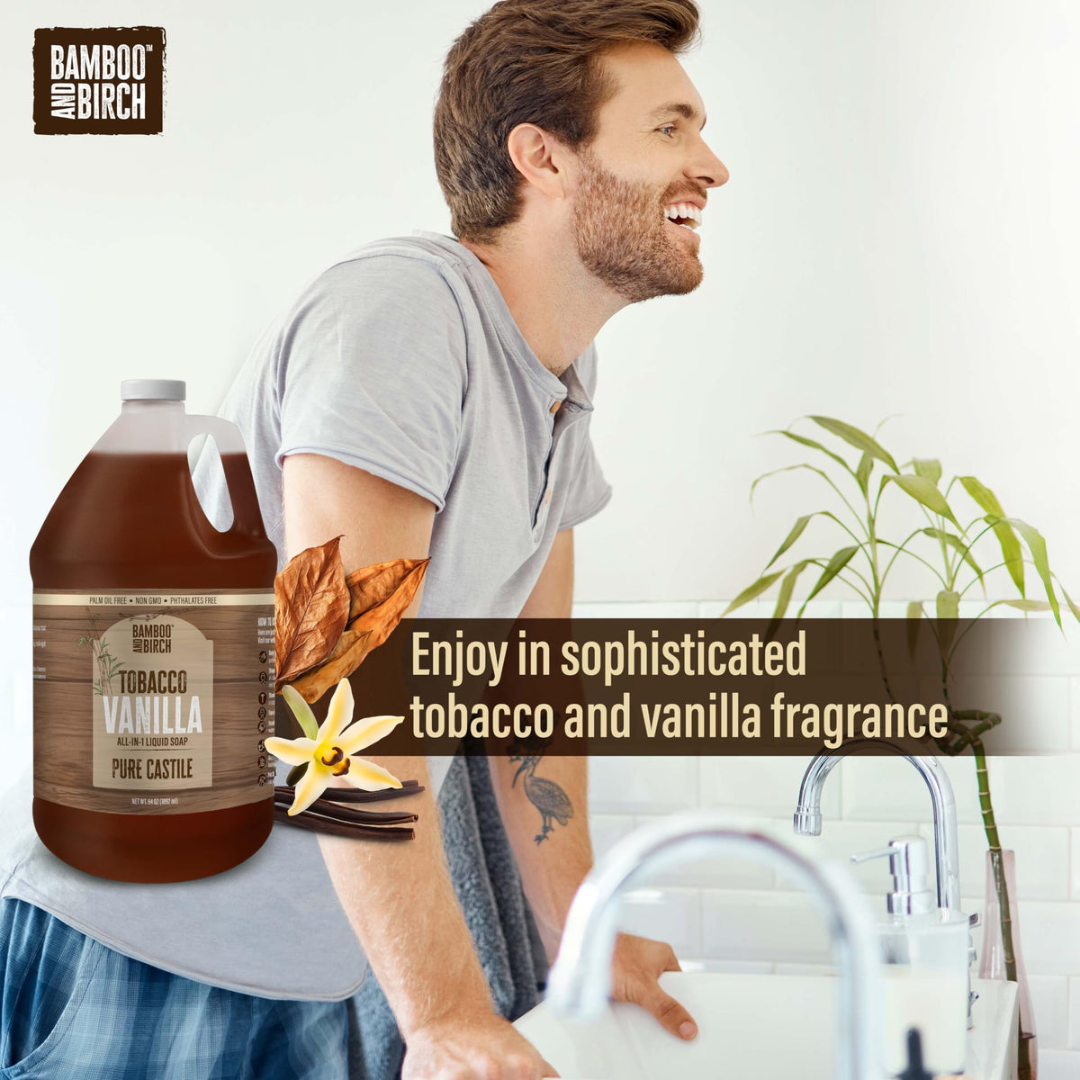Bamboo and Birch dispensing in bathroom lifestyle, conveys convenient refill and aroma benefit