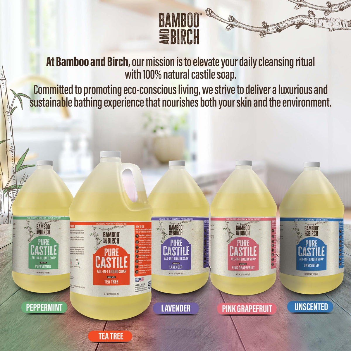 BAMBOO AND BIRCH ingredient list label showing natural and palm-free commitment