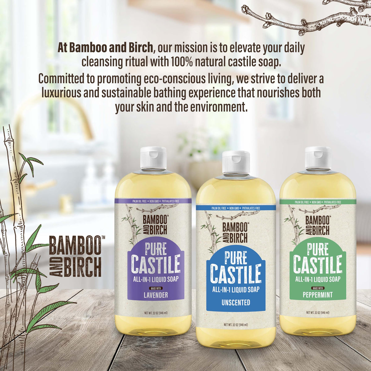 BAMBOO AND BIRCH ingredient label close-up showing natural, palm-oil-free ingredients