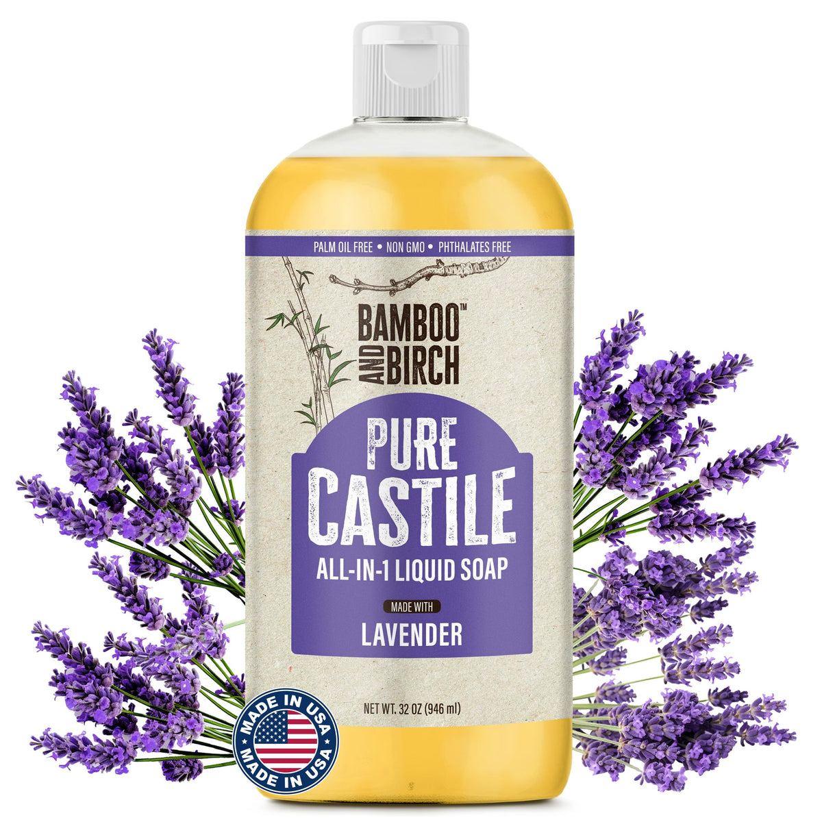 BAMBOO AND BIRCH front packaging shows 32 oz bottle and lavender scent benefit