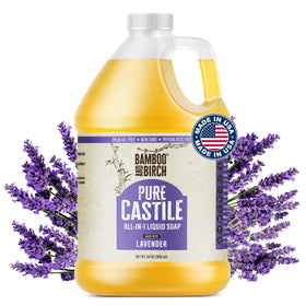 BAMBOO AND BIRCH front label showing 64 oz size and lavender scent, clear product identity