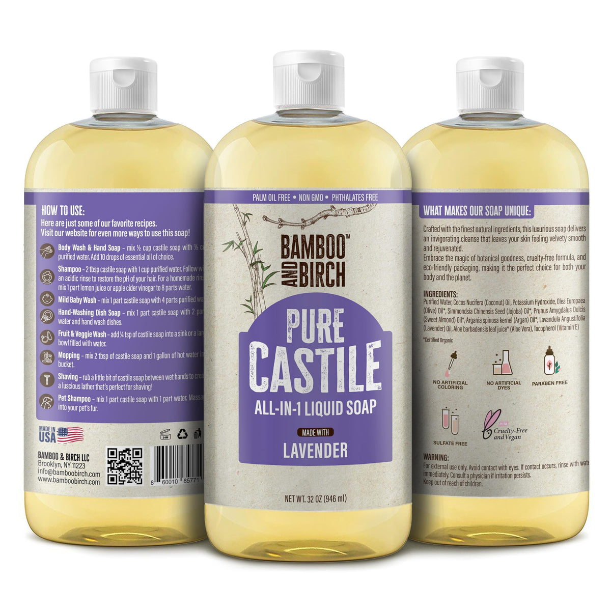 BAMBOO AND BIRCH label closeup highlighting natural ingredients and palm-free benefit