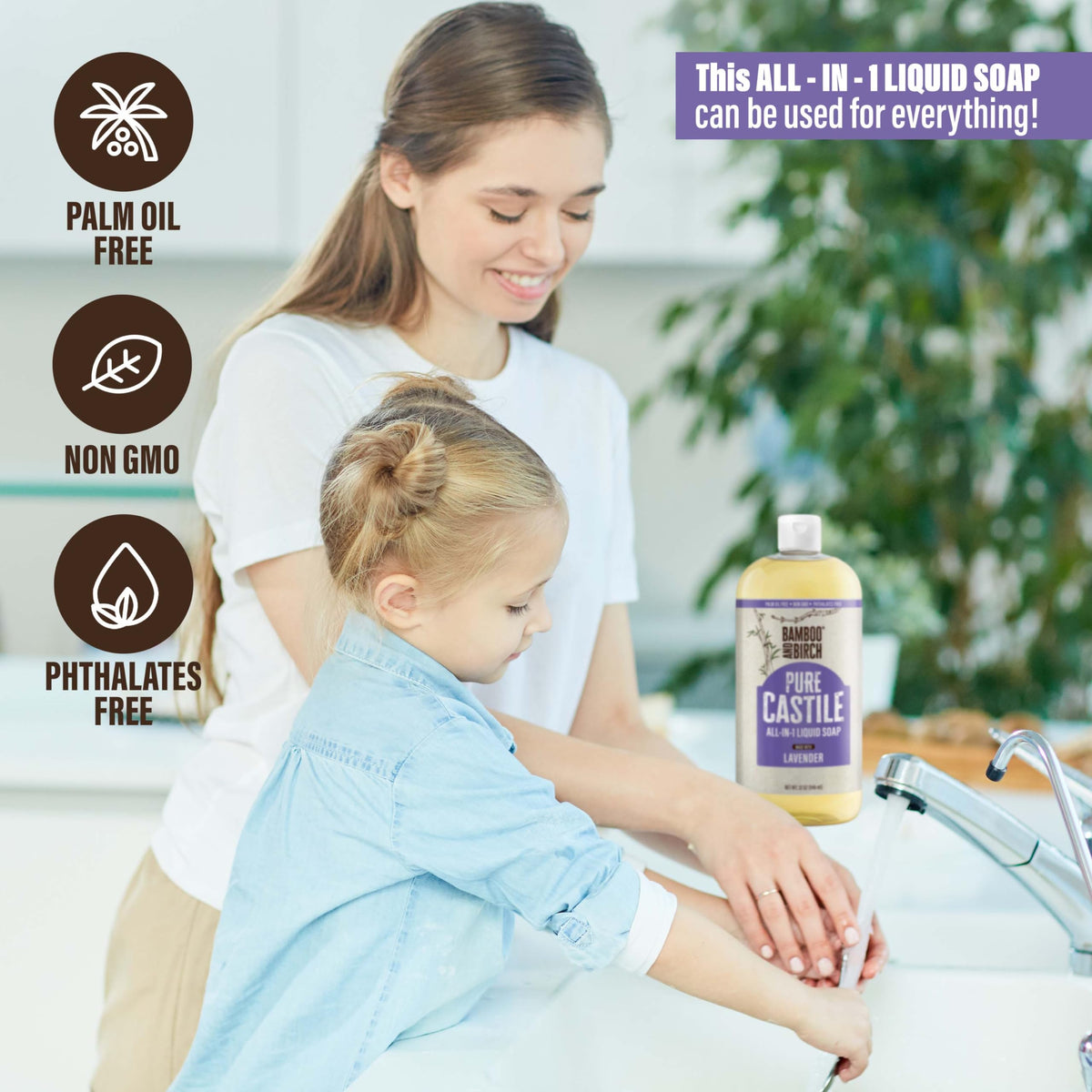 BAMBOO AND BIRCH in shower bottle showing easy dilution and daily cleansing convenience