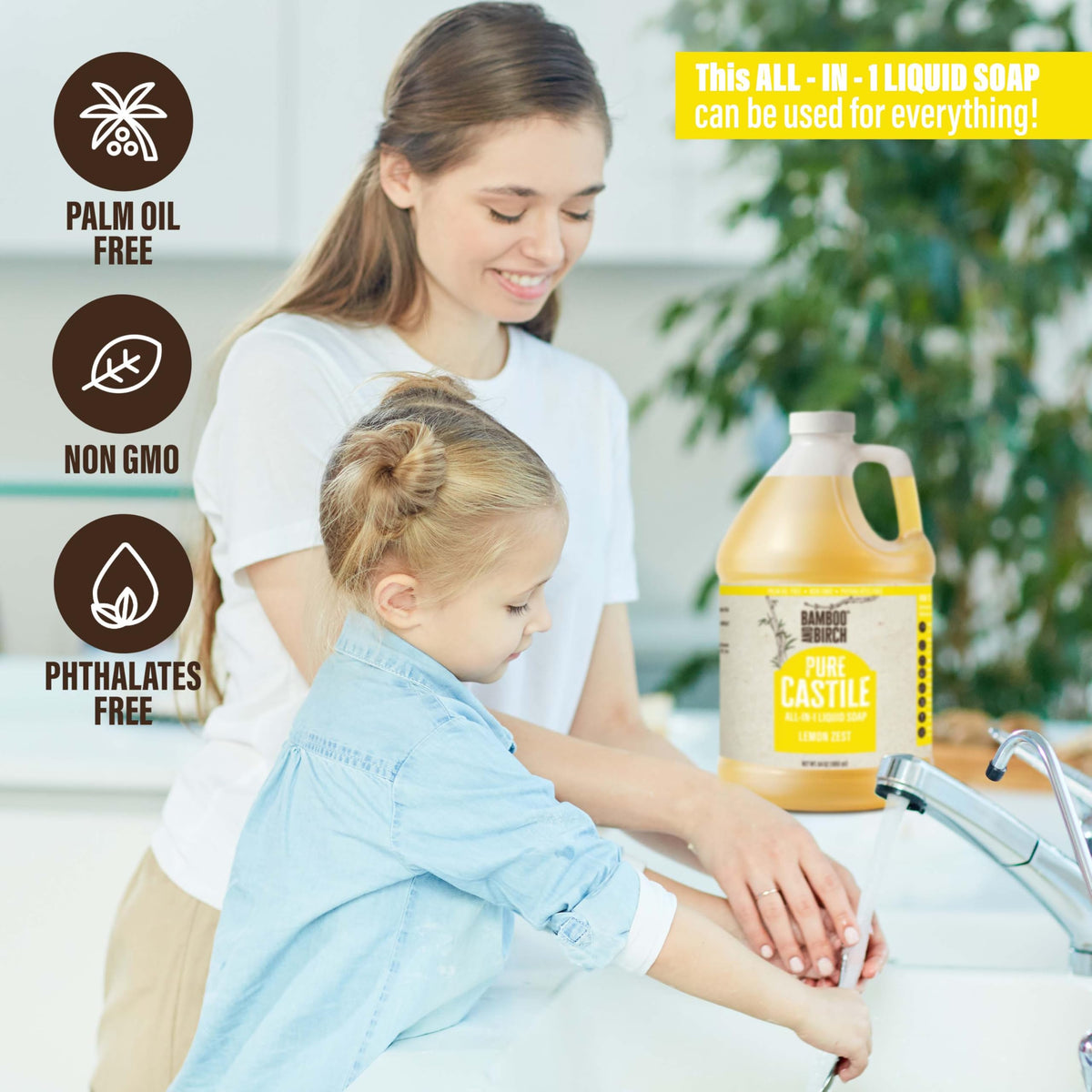 Bamboo and Birch lemon zest creating soft lather on hands for gentle cleansing