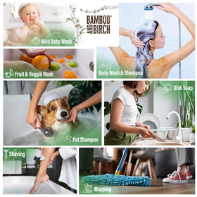 BAMBOO AND BIRCH in a pump dispenser on a bathroom shelf for easy use