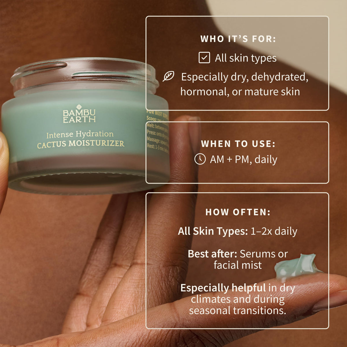 BAMBU EARTH fingertip applying pressed moisturizer showing easy, controlled application