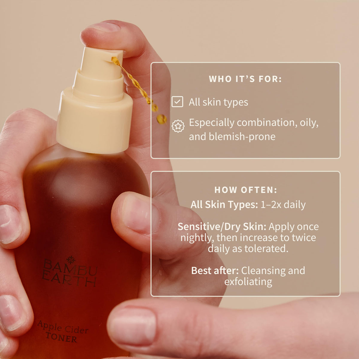 Bambu Earth toner texture on hand illustrating lightweight, non-drying feel