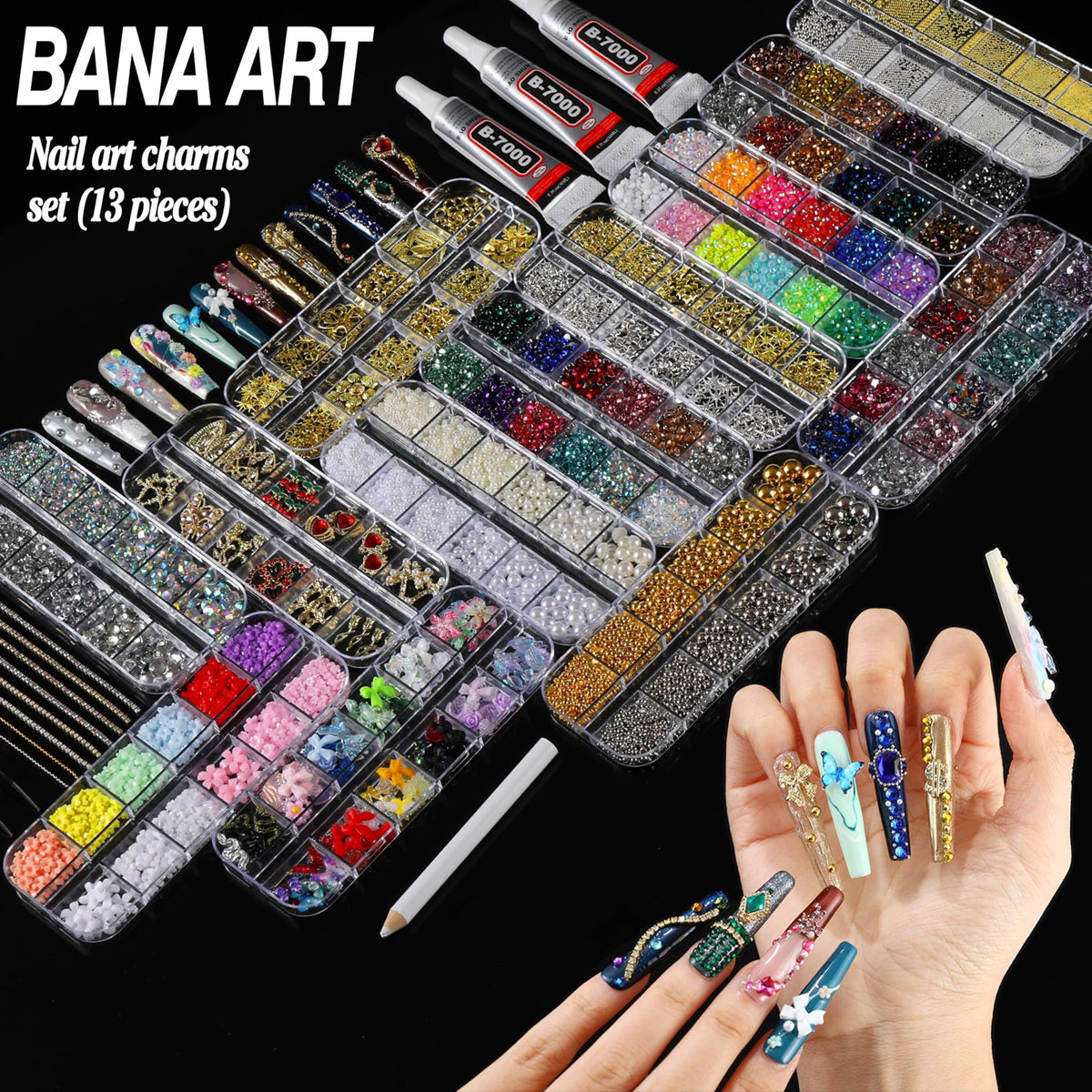BANA ART open organizer boxes displaying separated rhinestones and 3D charms for quick selection