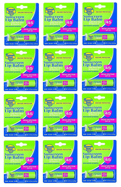 Banana Boat lip balm front packaging showing SPF 45 and compact tube benefit