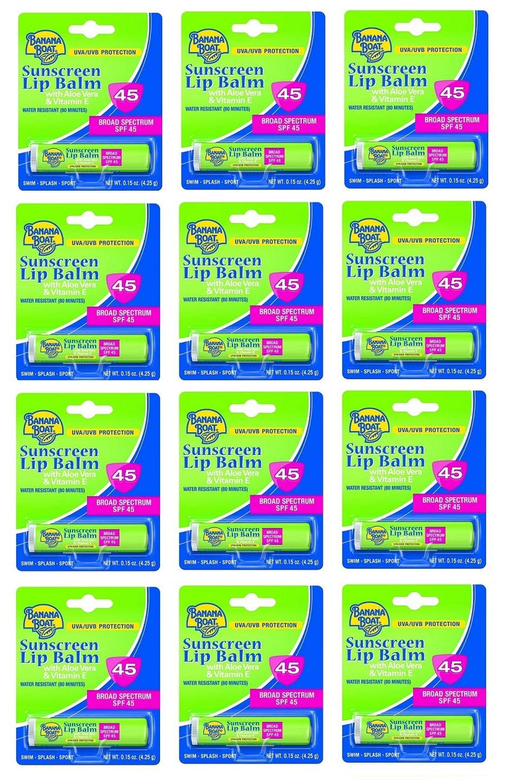 Banana Boat lip balm front packaging showing SPF 45 and compact tube benefit