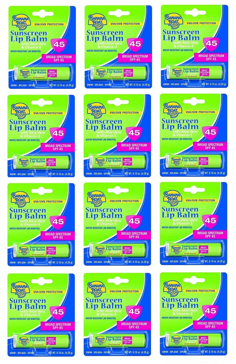 Banana Boat lip balm front packaging showing SPF 45 and compact tube benefit