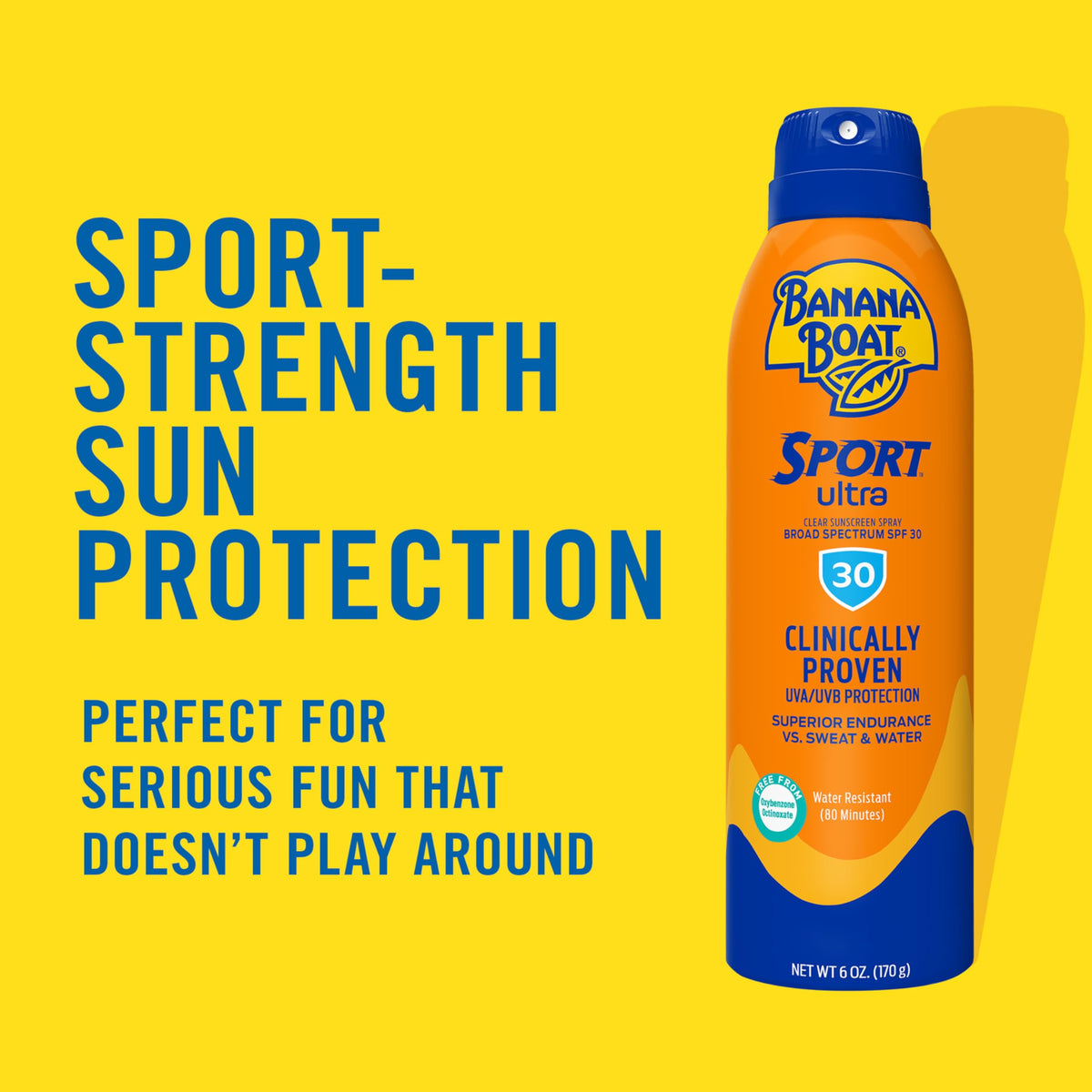 Banana Boat spray nozzle close-up delivering clear, quick-dry sunscreen