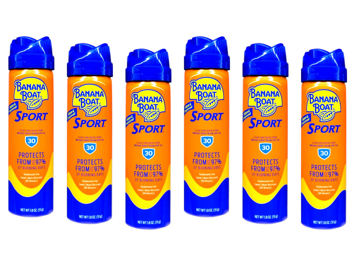Banana Boat front packaging showing six Cool Zone SPF 30 cans and convenience