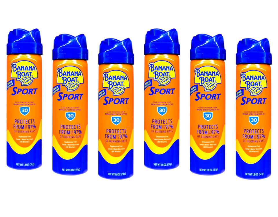 Banana Boat front packaging showing six Cool Zone SPF 30 cans and convenience