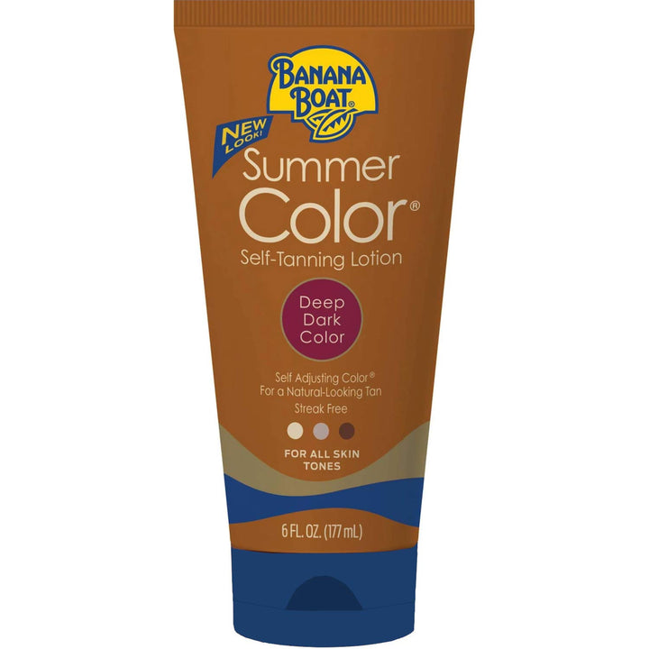 Banana Boat front packaging of Deep Dark self tanning lotion showing product and benefits