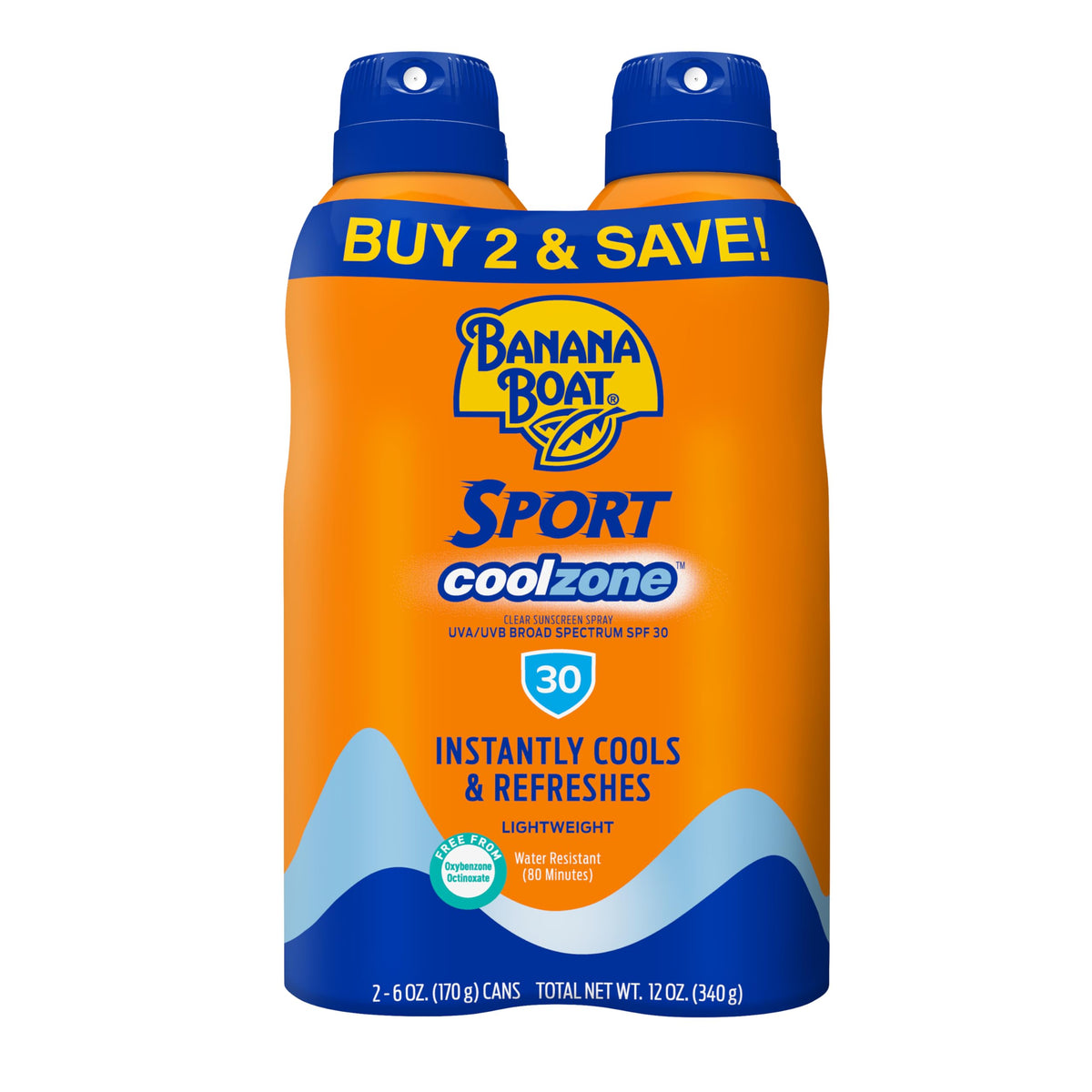 Banana Boat front packaging twin pack showing cans and SPF benefit