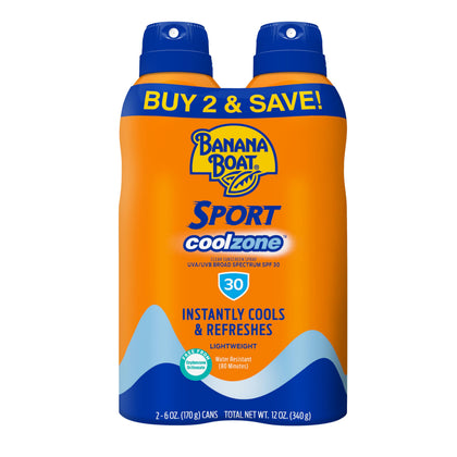Banana Boat front packaging twin pack showing cans and SPF benefit