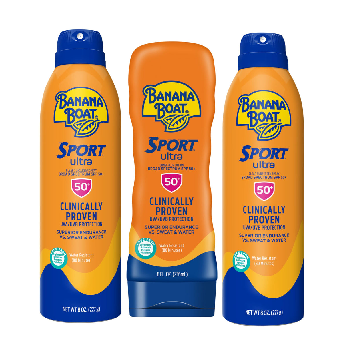 Banana Boat front packaging showing the triple pack and SPF 50 protection