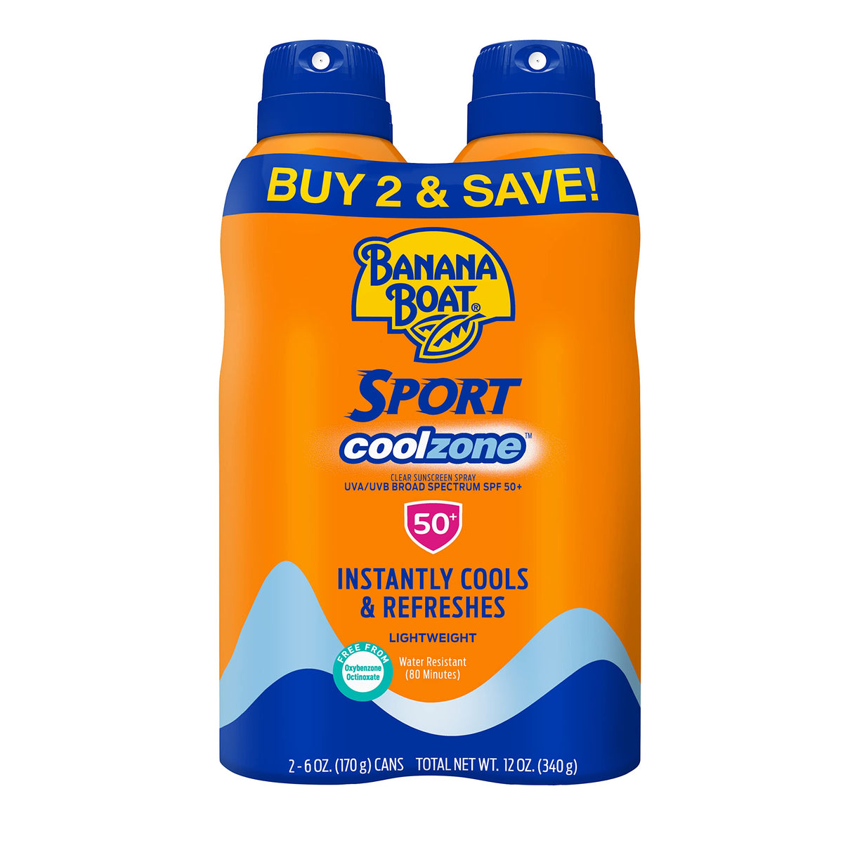 Banana Boat front packaging showing twin 6oz SPF 50 cans with cooling claim
