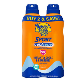 Banana Boat front packaging showing twin 6oz SPF 50 cans with cooling claim