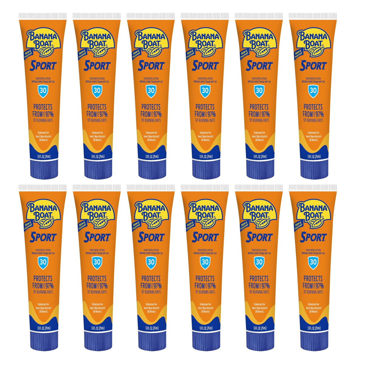 Banana Boat front packaging showing SPF 30 and compact 1 oz tubes for easy carry