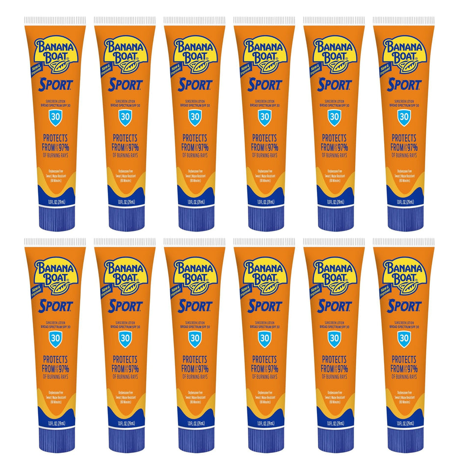 Banana Boat front packaging showing SPF 30 and compact 1 oz tubes for easy carry