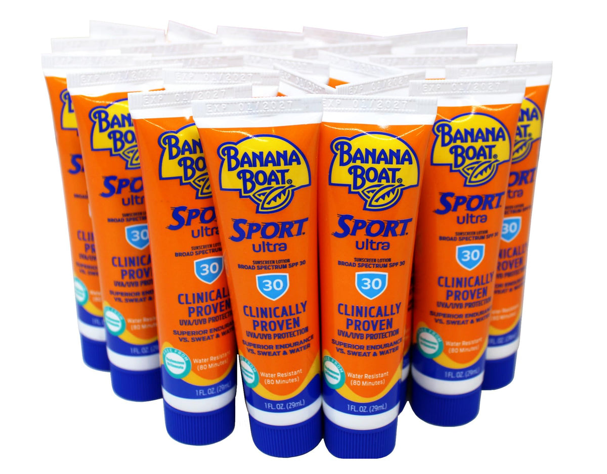 Banana Boat 1oz tube beside a passport to show travel-ready convenience