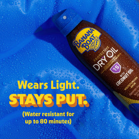 Banana Boat bottle by pool illustrating water resistance up to 80 minutes
