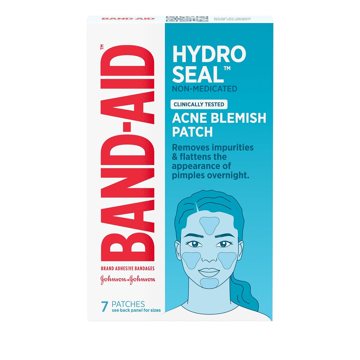 Band-Aid front packaging showing seven hydro seal acne patches and clear benefit