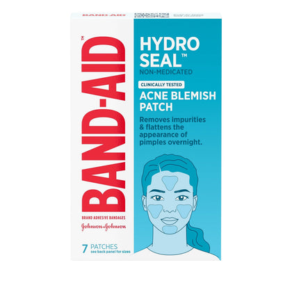 Band-Aid front packaging showing seven hydro seal acne patches and clear benefit