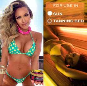 Open Bangberry jar revealing smooth tanning butter for easy application benefit
