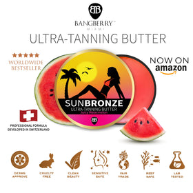 Bangberry jar on beach towel lifestyle scene showing summer-ready benefit