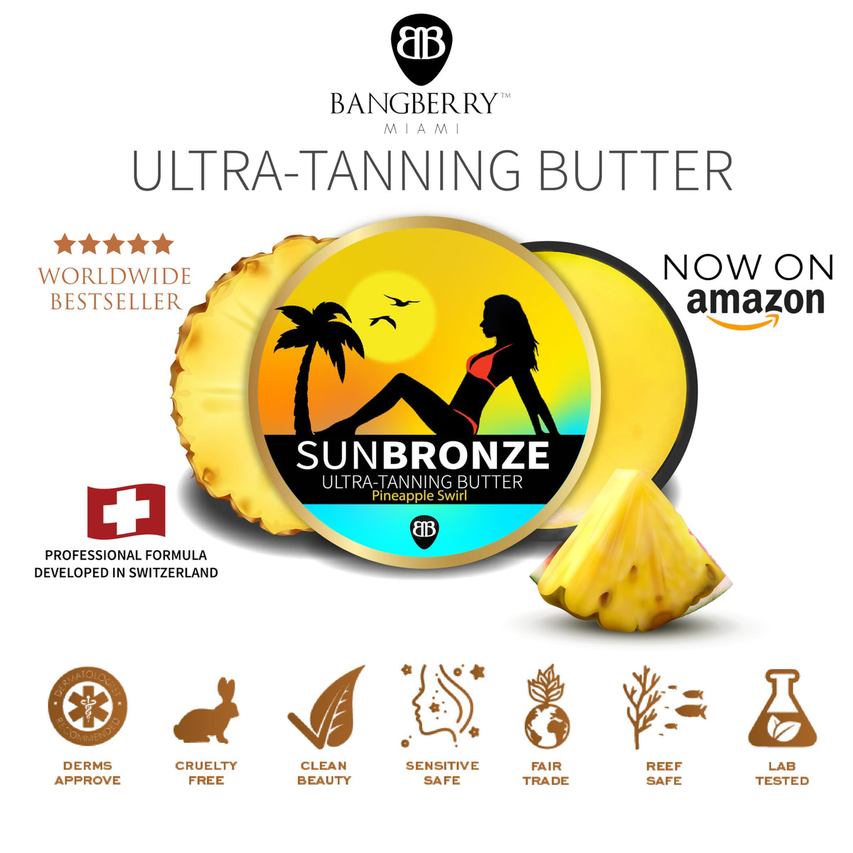 Model using Bangberry at beach illustrating enjoyable scent and hydrated skin benefit