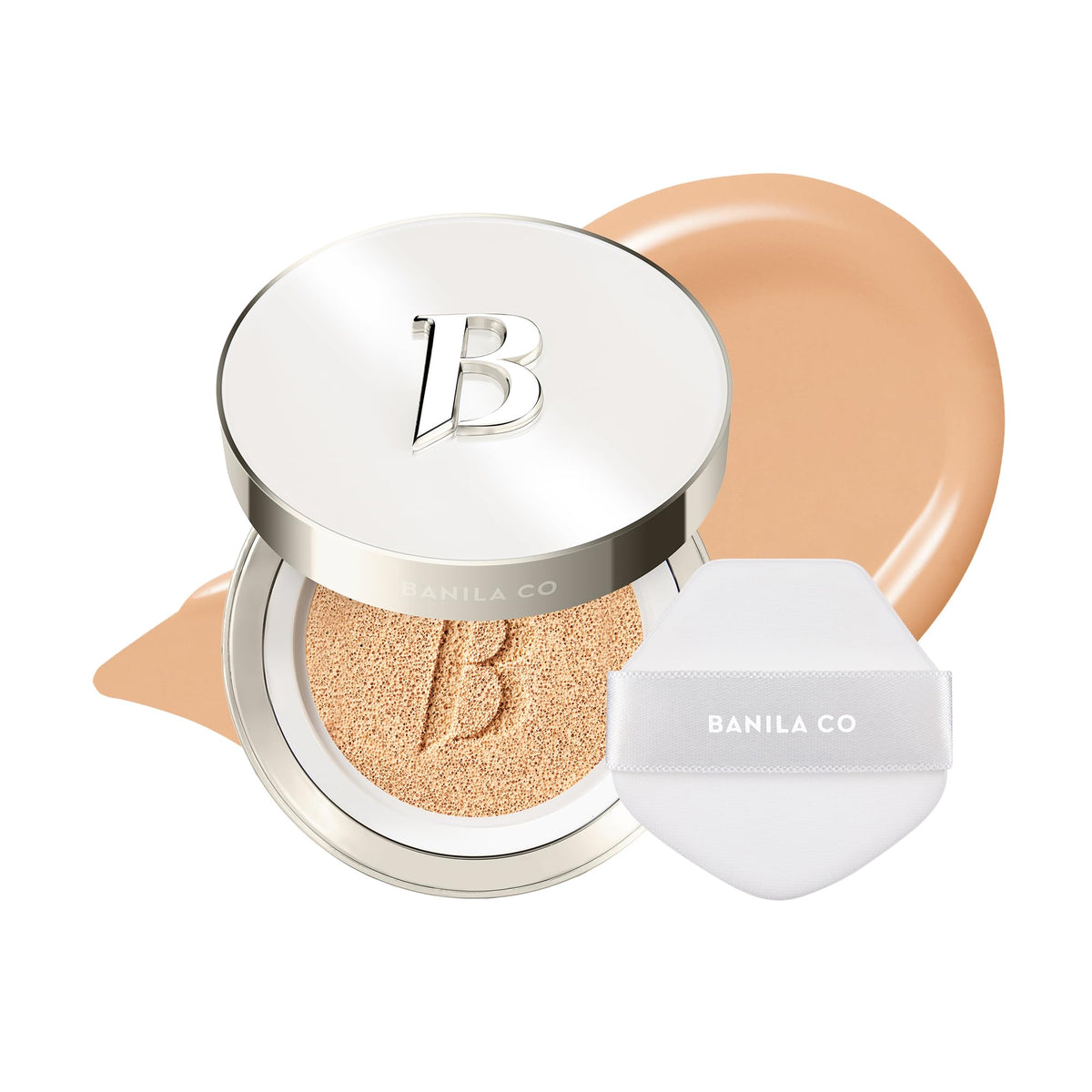 BANILA CO compact front showing shade 24W Sand and sleek case for portability