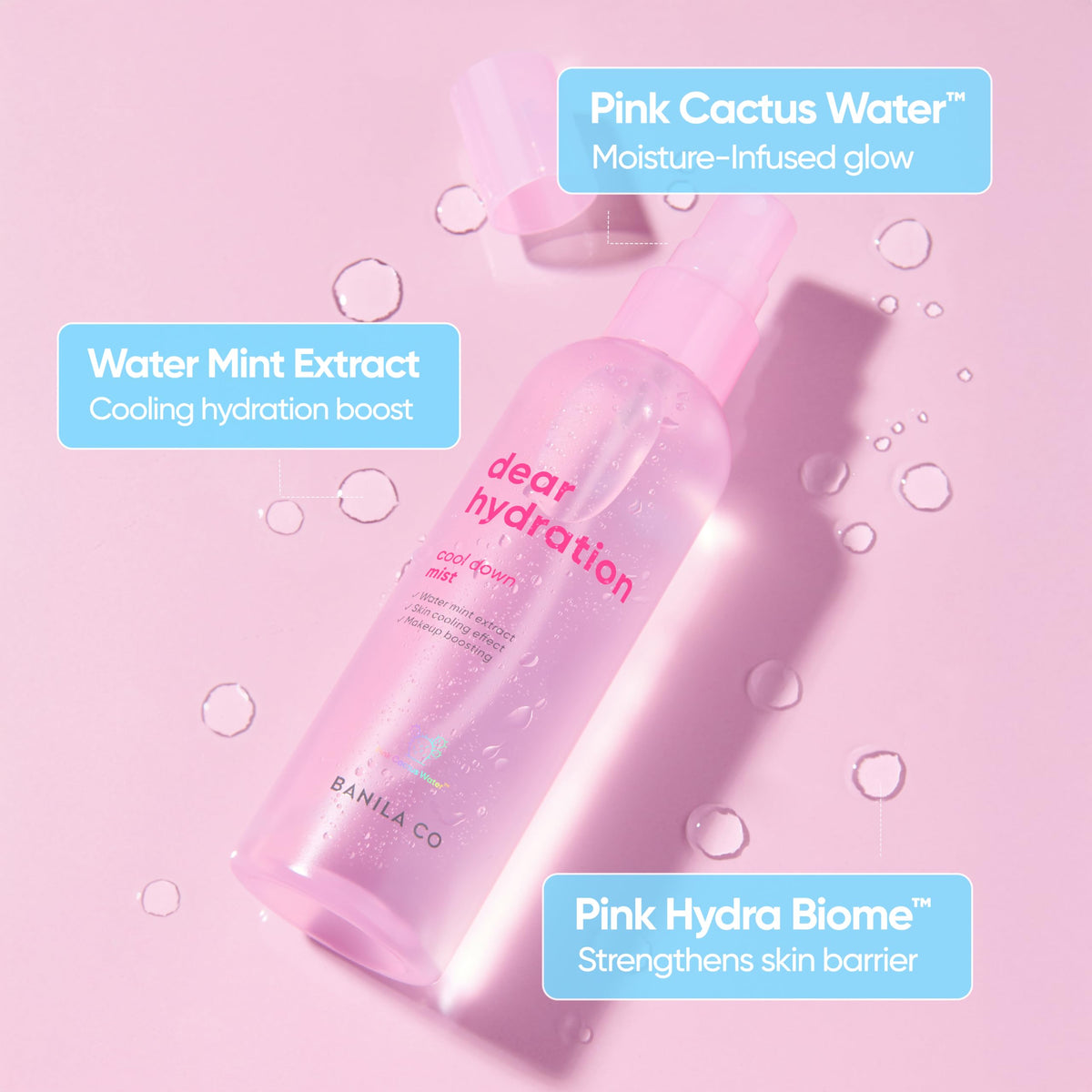 BANILA CO mist spraying onto face in use offering instant cooling and refreshed skin