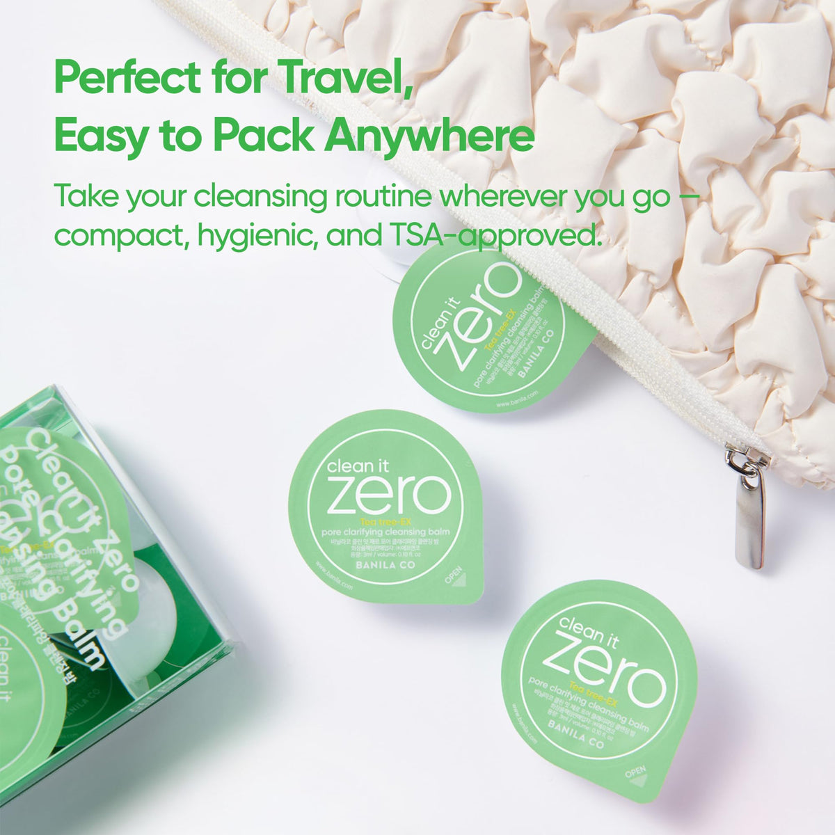 BANILA CO pods in a toiletry bag illustrating travel-ready convenience and spill-free use