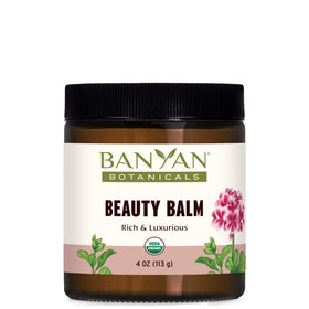 Banyan Botanicals jar front view showing label and organic balm benefit