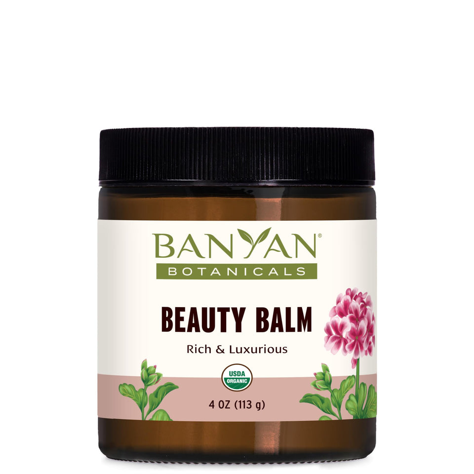 Banyan Botanicals jar front view showing label and organic balm benefit