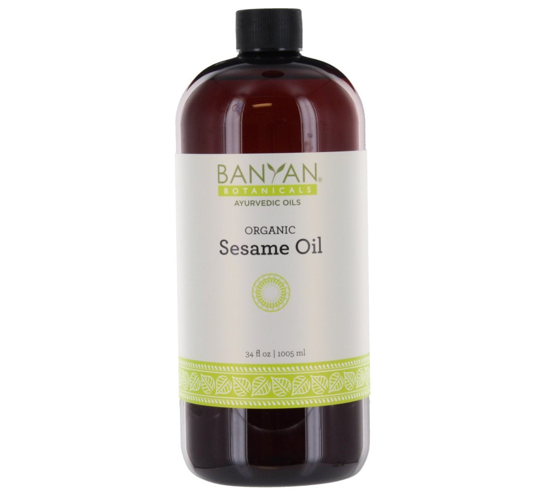 Banyan Botanicals front packaging showing 34 oz organic sesame oil benefits