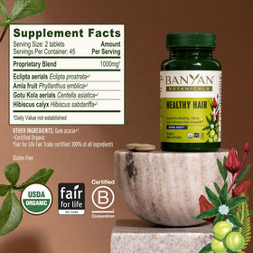 Banyan Botanicals tablets in hand for size and scale for dosing clarity