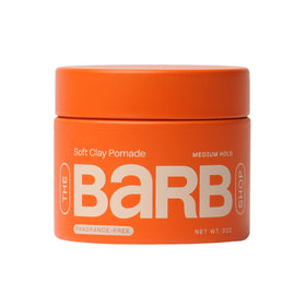 The Barb Shop soft clay pomade jar front view shows packaging and easy-access lid benefit