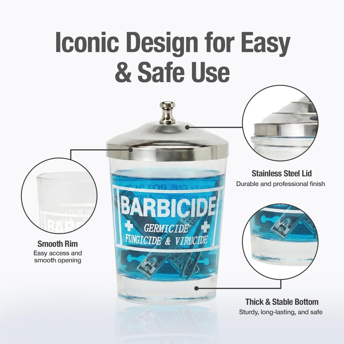 BARBICIDE anti-splash ergonomic handle close-up showing secure grip and spill reduction benefit