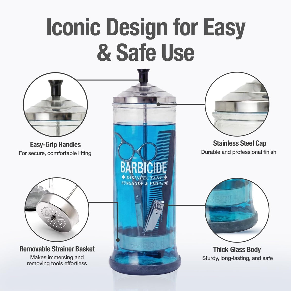 BARBICIDE close-up of thick glass wall demonstrating durability and solution visibility